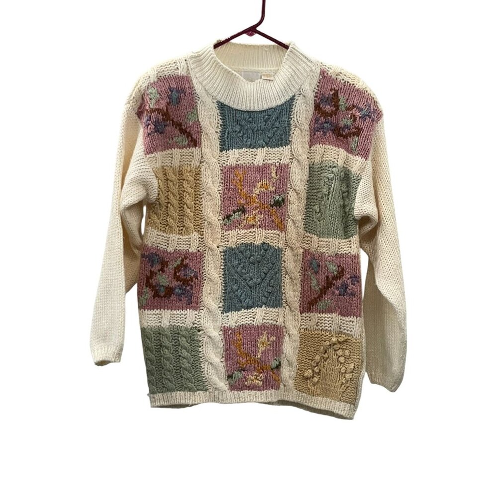 Vintage 90s Needles & Yarn Sweater Womens M Patchwork Floral Knit Korea - Picture 16 of 16